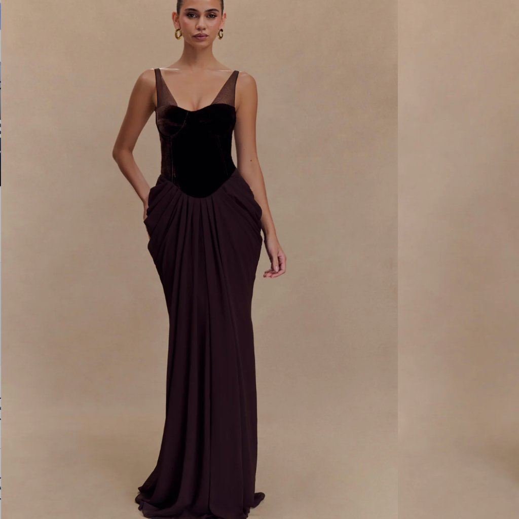 Meshki Roxanne Velvet Corset Maxi Dress - Cacao Brown